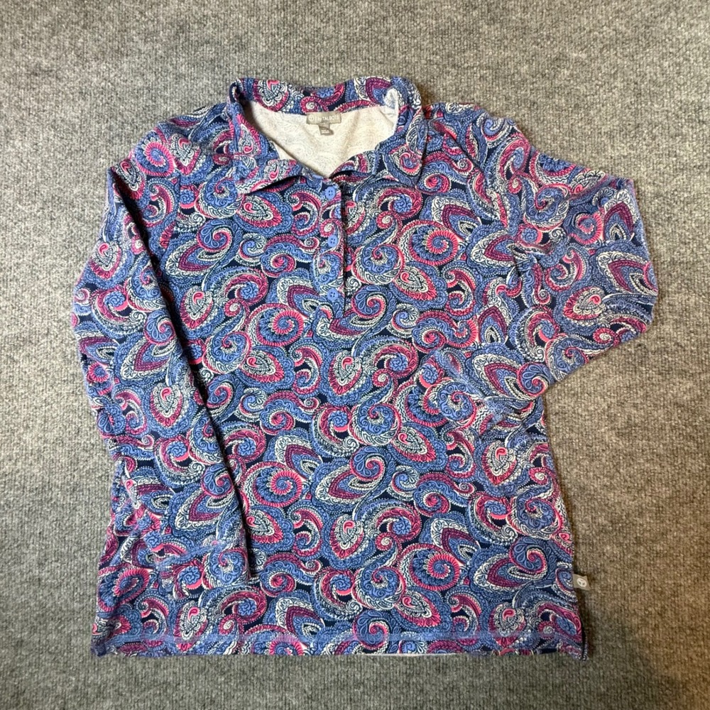 T by Talbots Womens MP Blue Pink Paisley Swirl Long Sleeve Polo French Terry Top